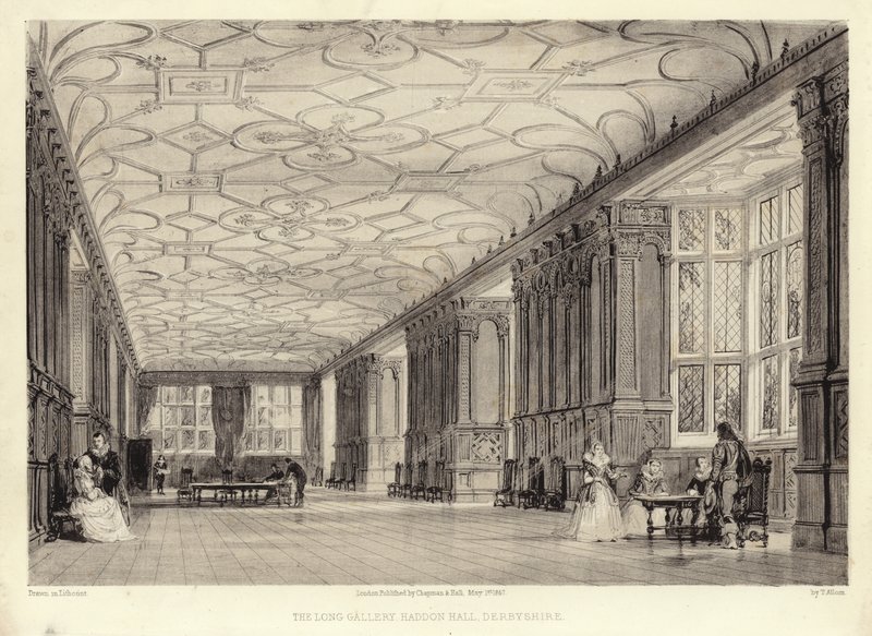 La Galería Larga, Haddon Hall, Derbyshire de Thomas Allom