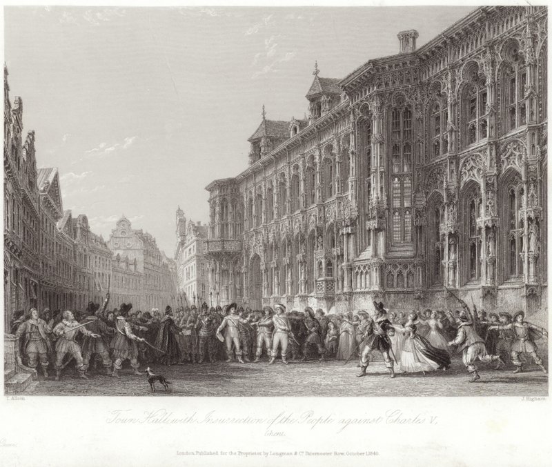 Ayuntamiento con insurrección del pueblo contra Carlos V de Thomas Allom