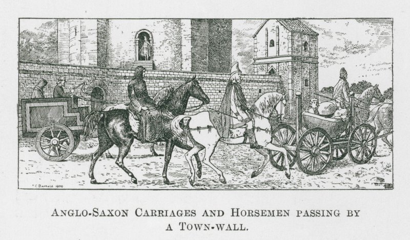 Carruajes y jinetes anglosajones pasando junto a una muralla (litografía) de Thomas Charles Barfield