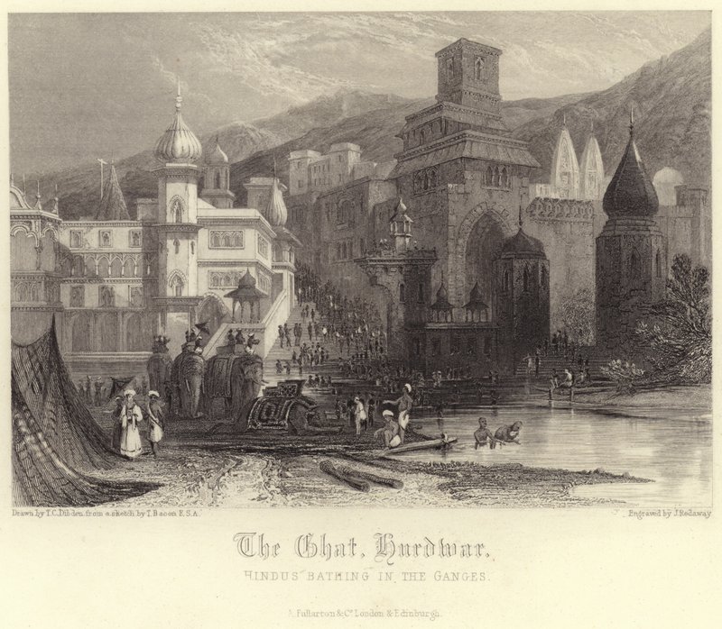 El Ghat en Hurdwar con hindúes bañándose en el Ganges de Thomas Colman Dibdin