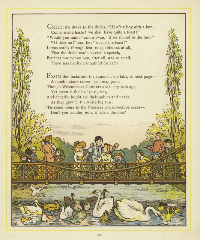 Líneas de verso ilustradas por una imagen de personas en un puente de Thomas Crane