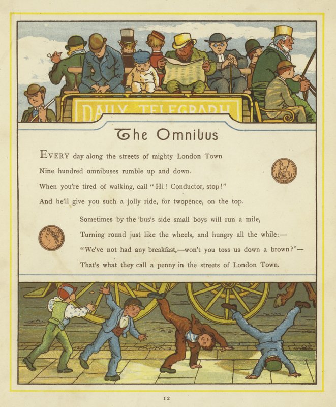 Pasajeros viajando en el ómnibus mientras los niños hacen volteretas en la calle de Thomas Crane