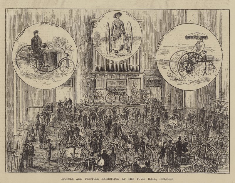 Exposición de bicicletas y triciclos en el Ayuntamiento, Holborn de Thomas Harrington Wilson