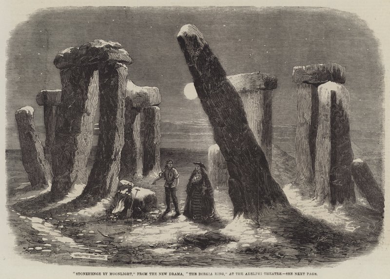 Stonehenge a la luz de la luna, del nuevo drama, El anillo de los Borgia, en el Teatro Adelphi de Thomas Harrington Wilson