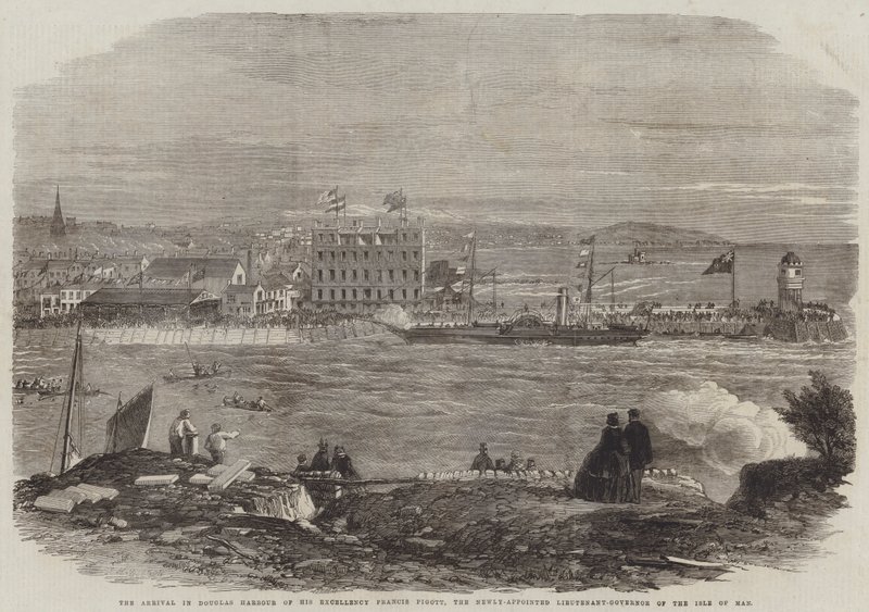 La llegada al puerto de Douglas de Su Excelencia Francis Pigott, el recién nombrado teniente-gobernador de la Isla de Man de Thomas Harrington Wilson