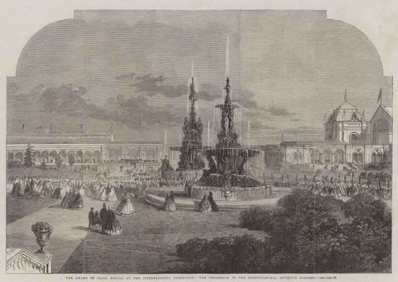 La entrega de medallas de premio en la Exposición Internacional, la procesión en los Jardines de la Sociedad de Horticultura de Thomas Harrington Wilson