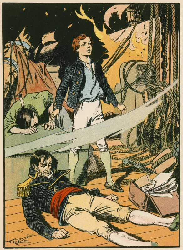 Casabianca en el barco en llamas (litografía en color) de Thomas Heath Robinson