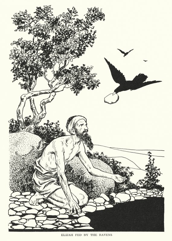 Elías alimentado por los cuervos (litografía) de Thomas Heath Robinson