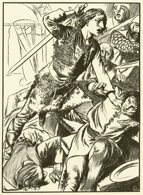 Hereward y sus hombres atacan a los normandos (grabado) de Thomas Heath Robinson