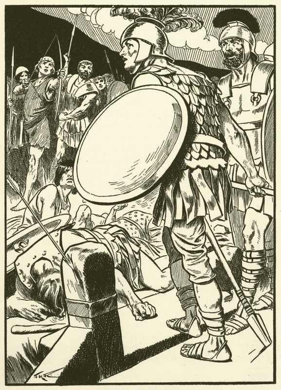 Horacio en el puente (grabado) de Thomas Heath Robinson