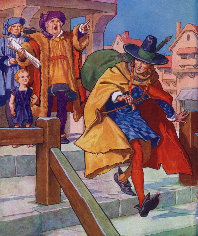 Ilustración de El flautista de Hamelin (litografía en color) de Thomas Heath Robinson
