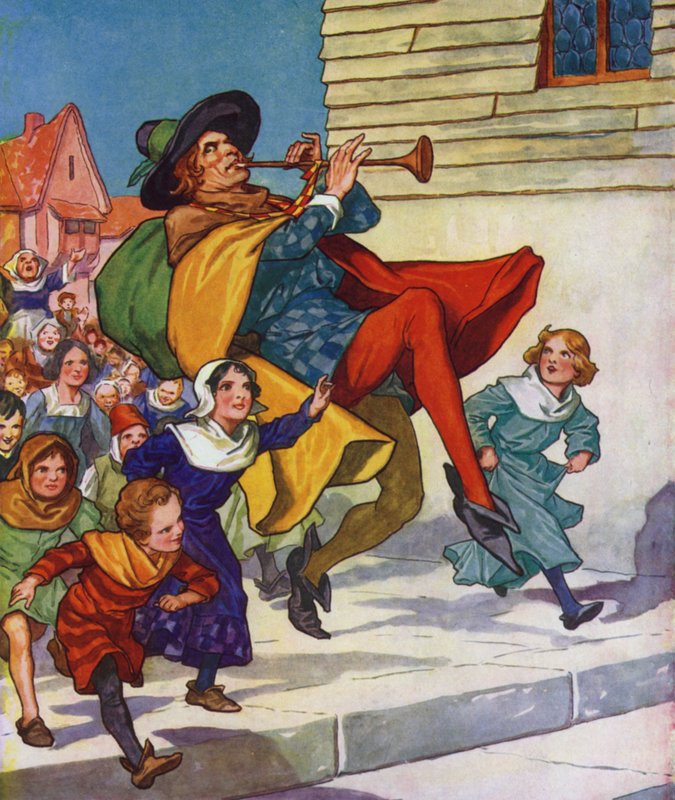 Ilustración de El flautista de Hamelin (litografía en color) de Thomas Heath Robinson