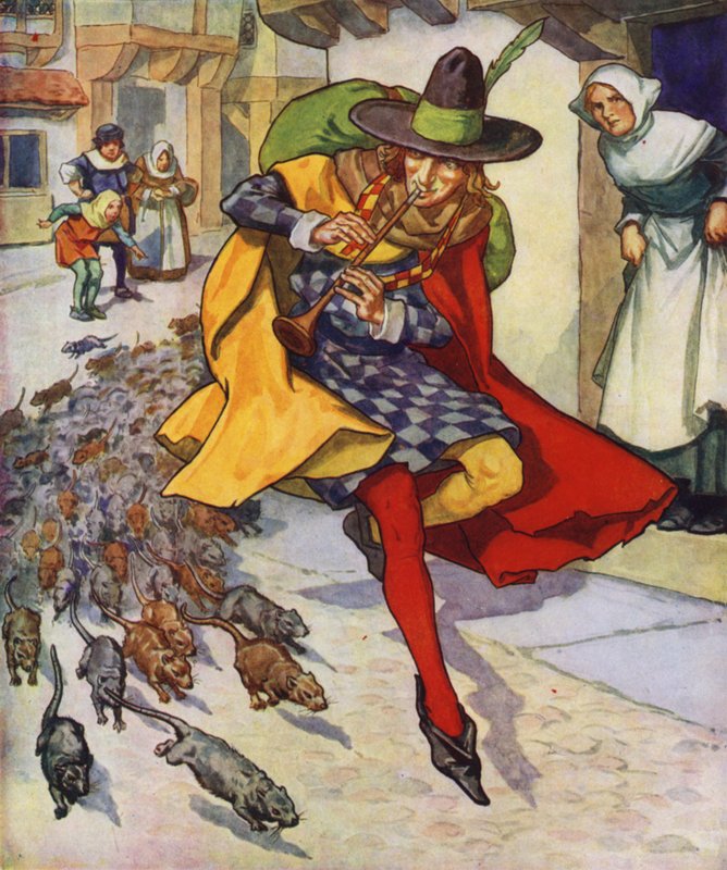 Ilustración de El flautista de Hamelin (litografía en color) de Thomas Heath Robinson