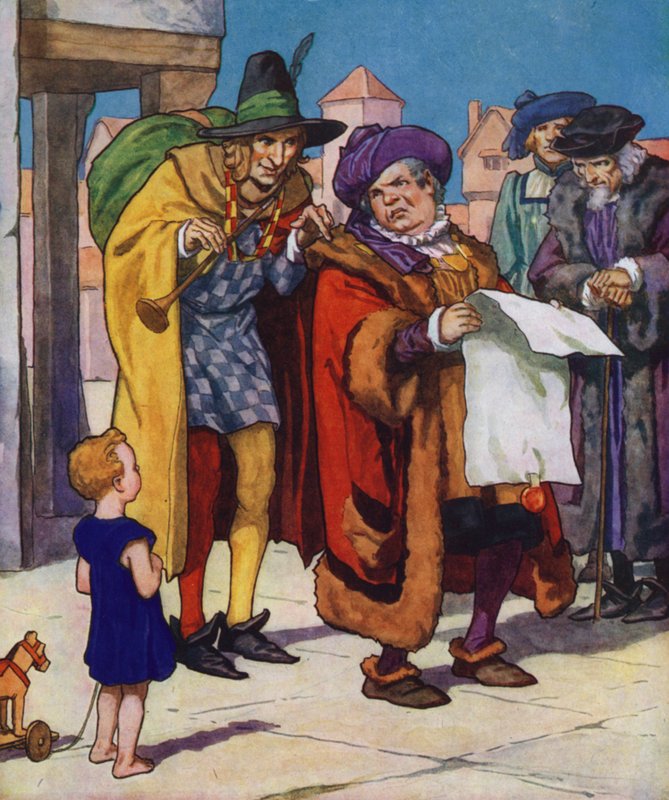 Ilustración de El flautista de Hamelin (litografía en color) de Thomas Heath Robinson