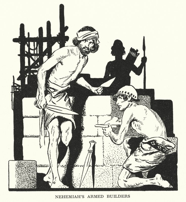 Los constructores armados de Nehemías (litografía) de Thomas Heath Robinson