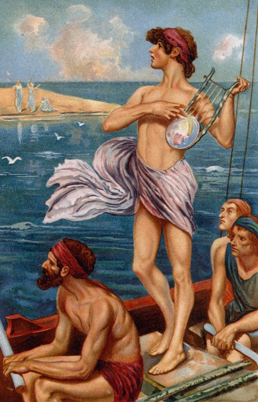 Orfeo levantó su arpa, y estrelló su astuta mano contra las cuerdas (chromolitho) de Thomas Heath Robinson