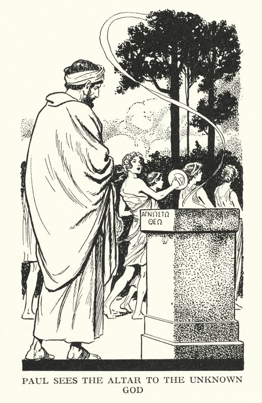 Pablo ve el Altar al Dios desconocido (lito) de Thomas Heath Robinson