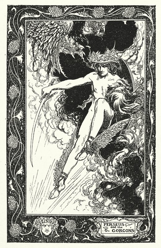 Perseo y las Gorgonas (litografía) de Thomas Heath Robinson
