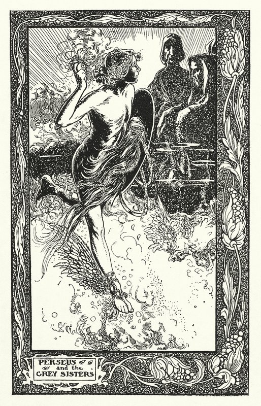 Perseo y las Hermanas Grises (litografía) de Thomas Heath Robinson
