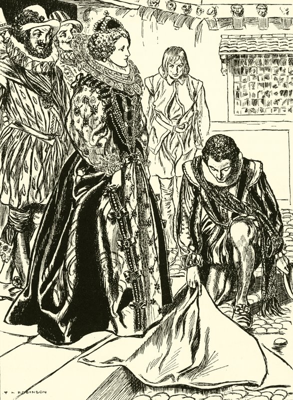 Raleigh extiende su capa ante Isabel (grabado) de Thomas Heath Robinson