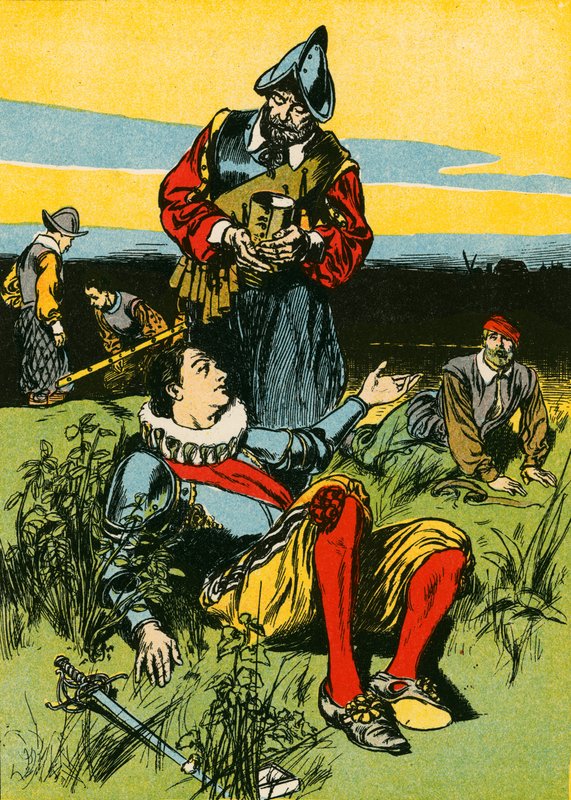 Sir Philip Sidney y el soldado moribundo (litografía en color) de Thomas Heath Robinson