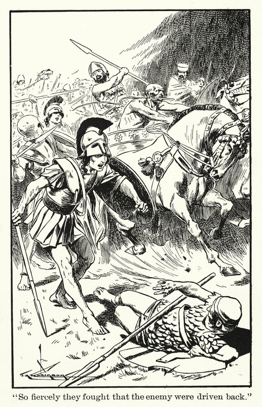 "Lucharon tan ferozmente que el enemigo fue expulsado" (litografía) de Thomas Heath Robinson
