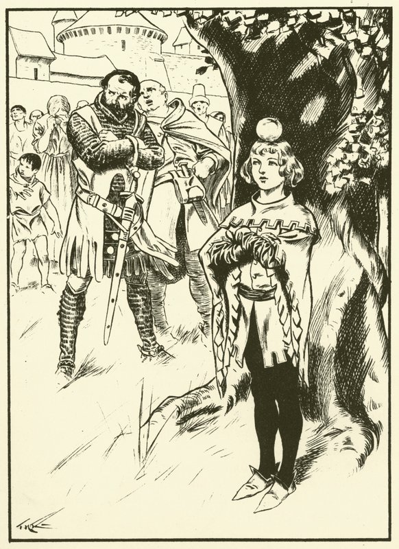 El hijo de Tell y la manzana (grabado) de Thomas Heath Robinson
