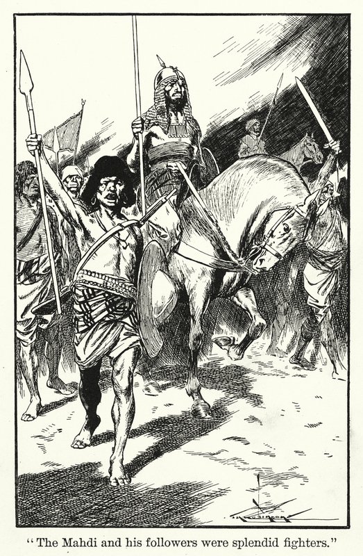 "El Mahdi y sus seguidores eran espléndidos luchadores" (litografía) de Thomas Heath Robinson