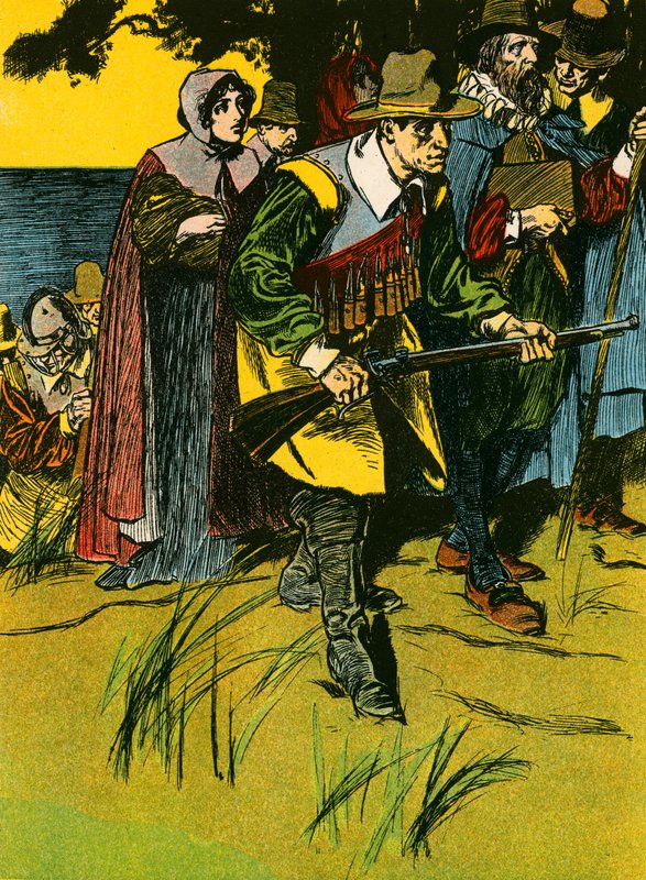 Los Padres Peregrinos entran en el Nuevo Mundo (litografía en color) de Thomas Heath Robinson