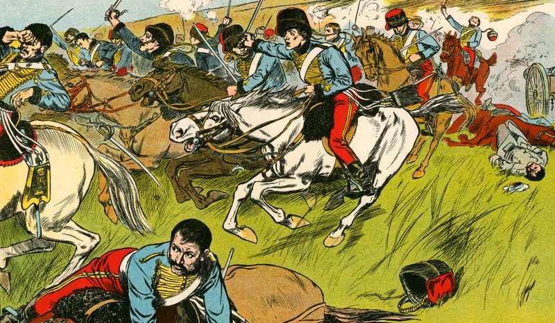 La carga de la Brigada Ligera (litografía en color) de Thomas Heath Robinson