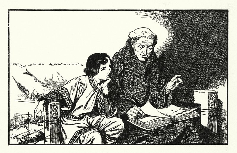 El futuro rey Alfredo recibiendo educación (litografía) de Thomas Heath Robinson