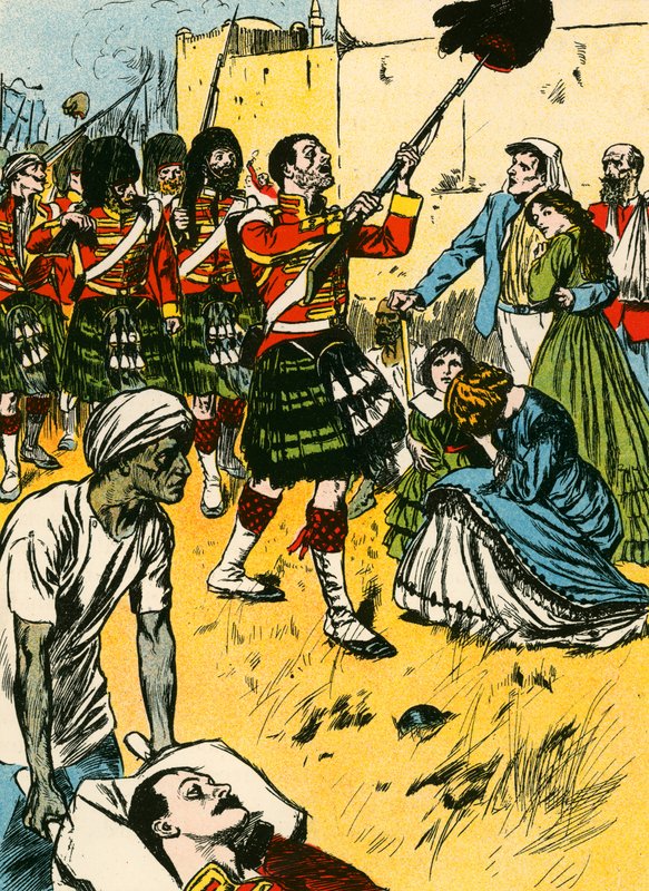 Los montañeses entran en Lucknow (litografía en color) de Thomas Heath Robinson