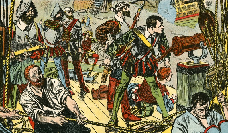 El pequeño "Revenge" lucha contra cincuenta galeones españoles (litografía en color) de Thomas Heath Robinson