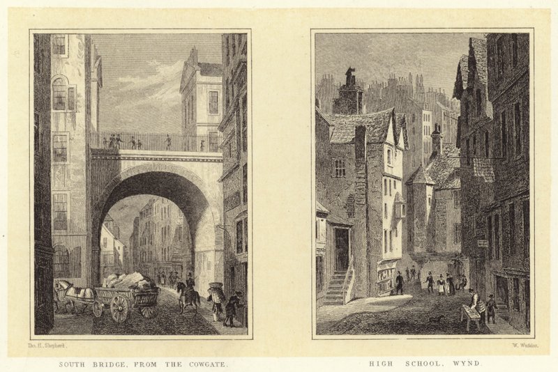Puente Sur, desde Cowgate; Escuela Secundaria, Wynd de Thomas Hosmer (after) Shepherd