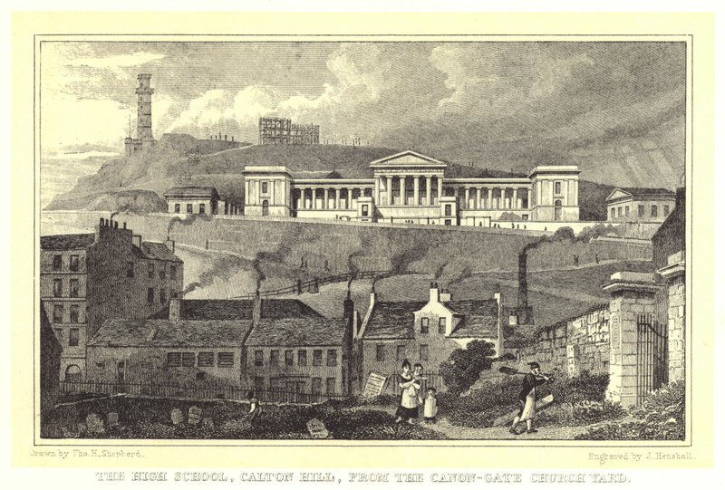 La Escuela Secundaria, Calton Hill, desde el Cementerio de la Iglesia Canon-Gate de Thomas Hosmer (after) Shepherd