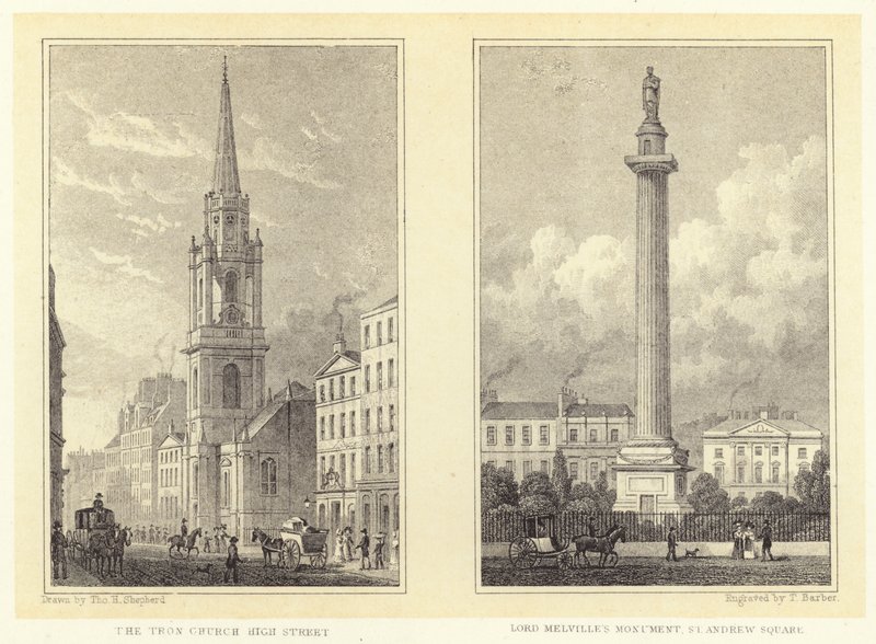 La Iglesia Tron, Calle Alta; Monumento de Lord Melville, Plaza St Andrew (grabado) de Thomas Hosmer (after) Shepherd