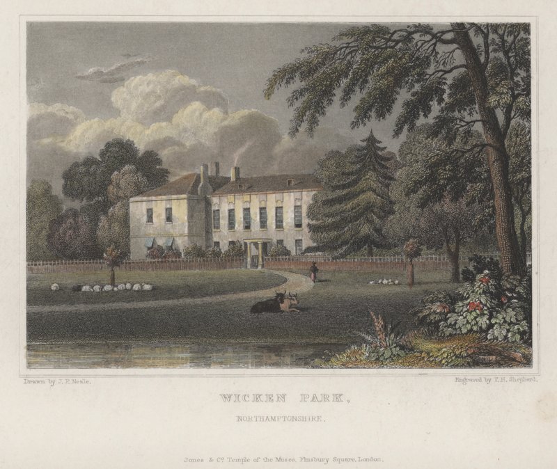 Parque Wicken, Northamptonshire (grabado en color) de Thomas Hosmer (after) Shepherd
