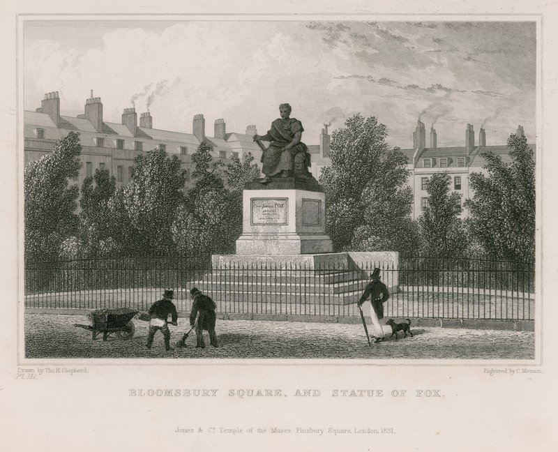 Plaza Bloomsbury y estatua de Fox de Thomas Hosmer Shepherd