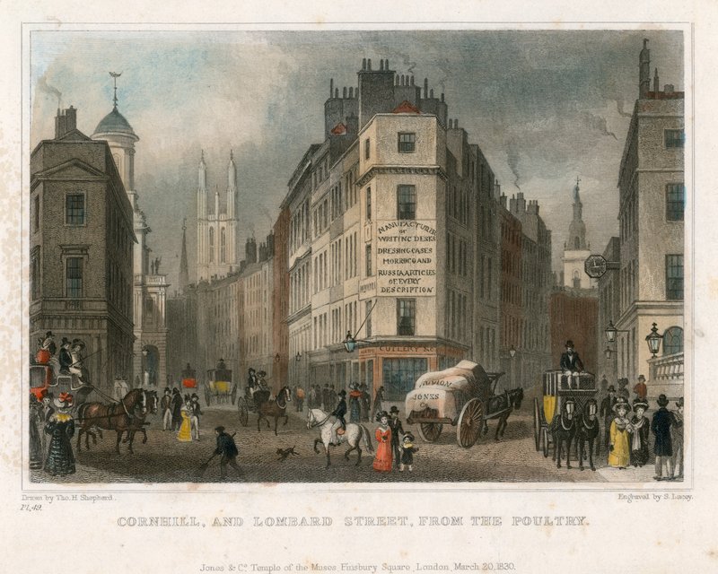 Cornhill y Lombard Street, Londres, desde Poultry de Thomas Hosmer Shepherd