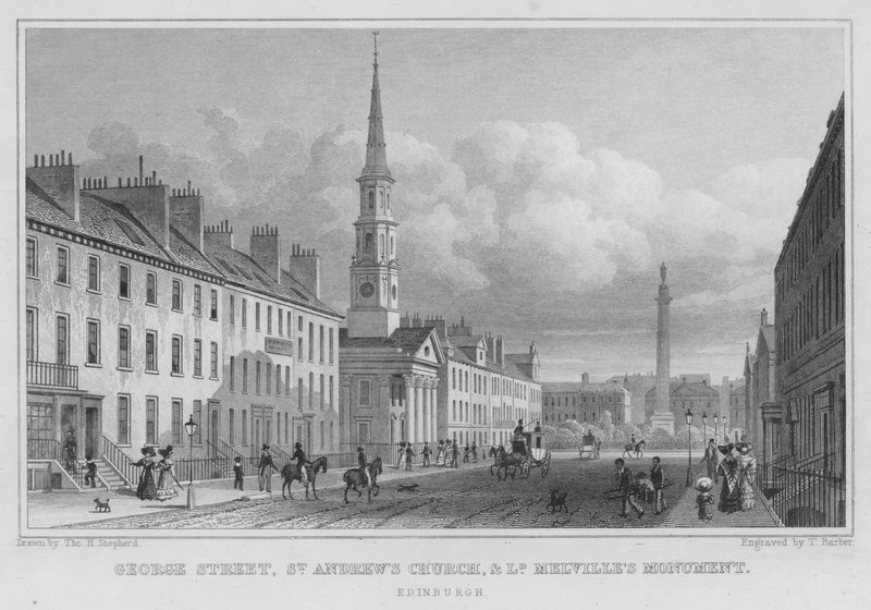 George Street, Iglesia de St Andrew y Monumento a Lord Melville, Edimburgo (grabado) de Thomas Hosmer Shepherd
