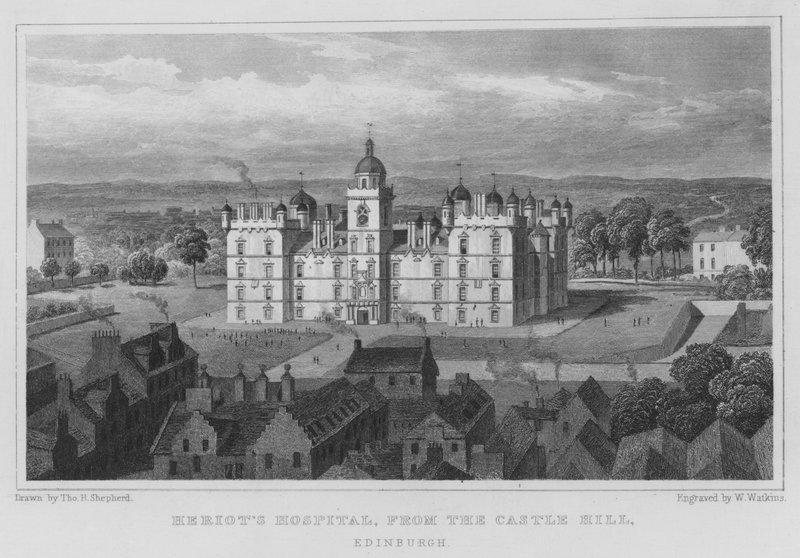 Hospital de Heriot, desde Castle Hill, Edimburgo (grabado) de Thomas Hosmer Shepherd