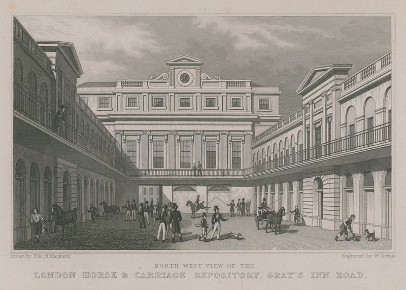Vista noroeste del Depósito de Caballos y Carruajes de Londres, Gray
