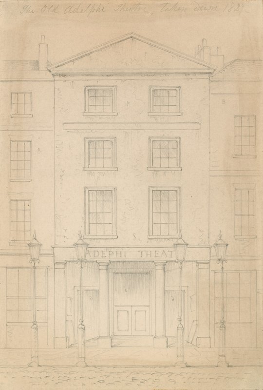 Boceto original a lápiz del Teatro Adelphi, Londres, por Thomas H Shepherd de Thomas Hosmer Shepherd