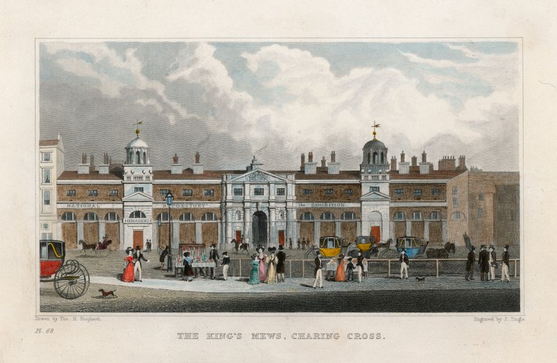 Las caballerizas reales, Charing Cross. Hogar temporal del Menagerie de Edward Cross de Thomas Hosmer Shepherd