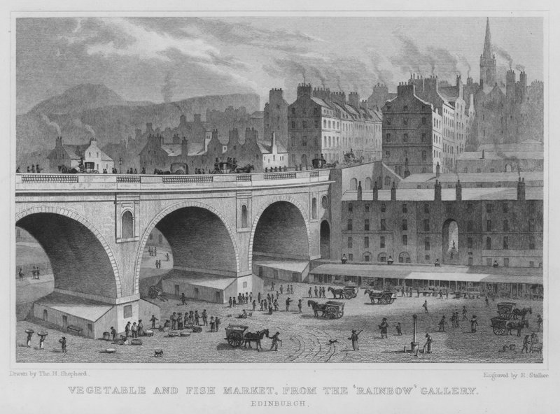 Mercado de verduras y pescado, desde Rainbow Gallery, Edimburgo (grabado) de Thomas Hosmer Shepherd