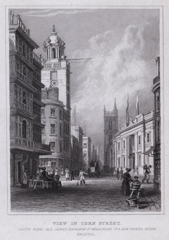 Vista en Corn Street, Castle Bank, All Saints, Exchange, Iglesia de St Werburgh y New Council House, Bristol de Thomas Hosmer Shepherd
