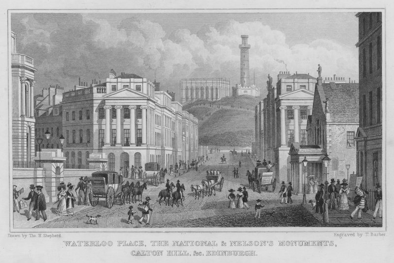 Waterloo Place, los monumentos Nacional y de Nelson, Calton Hill, etc., Edimburgo (grabado) de Thomas Hosmer Shepherd