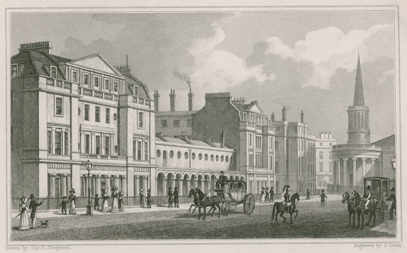 Lado oeste de Langham Place, Marylebone, Londres, incluyendo la Iglesia de All Souls de Thomas Hosmer Shepherd