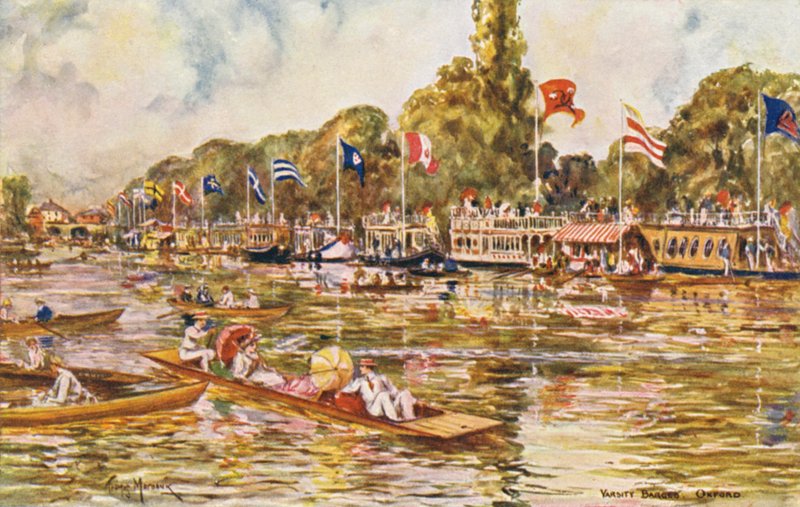 Río Támesis: Varsity Barges, Oxford (litografía en color) de Thomas Maybank