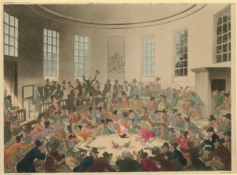 Ilustración que muestra una multitud viendo una pelea de gallos de Thomas Rowlandson